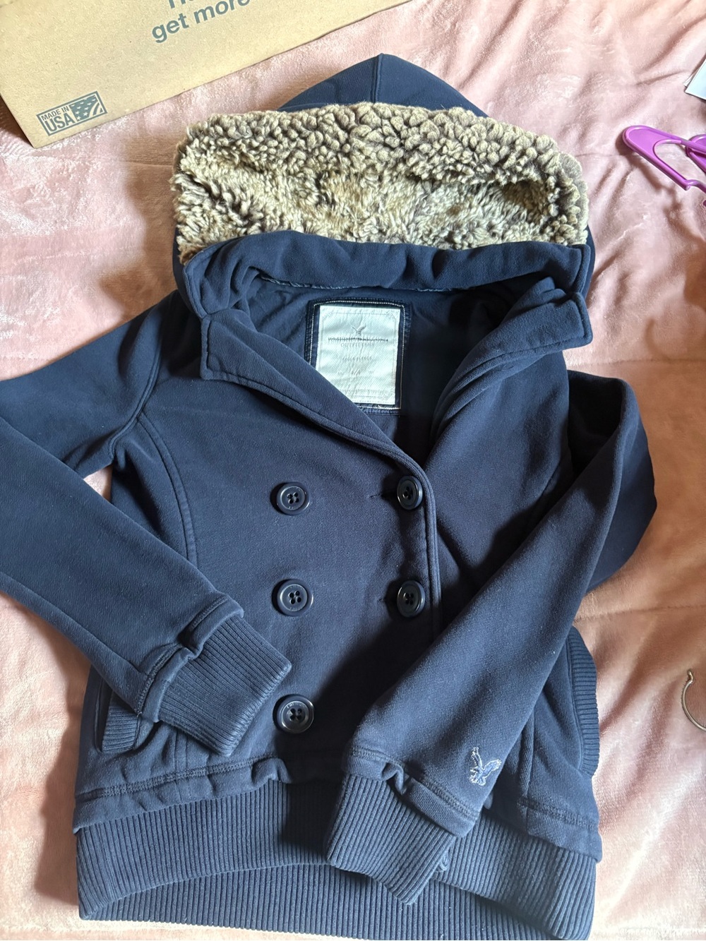 American Eagle Outfitters Navy Fleece Hooded Jacket